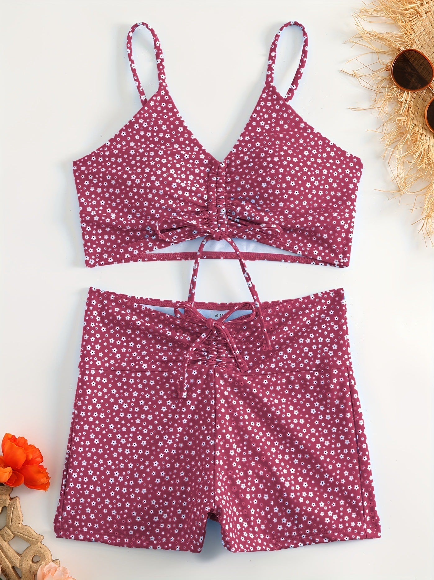 Red Solid Color Bikini Set with Floral Boyshorts – Two-Piece Swimsuit for Women
