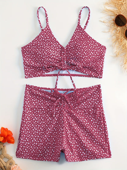 Red Solid Color Bikini Set with Floral Boyshorts – Two-Piece Swimsuit for Women