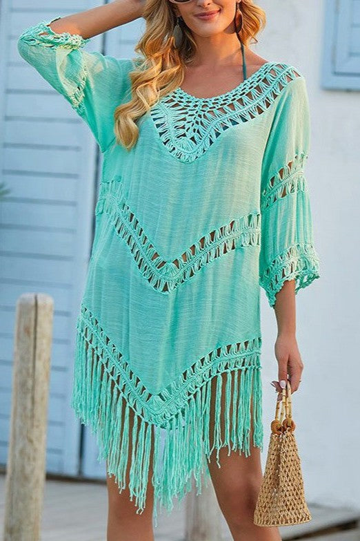 Sexy Crochet Fringe Cover-Up – Loose 3/4 Sleeve Swimwear Beach Shirt