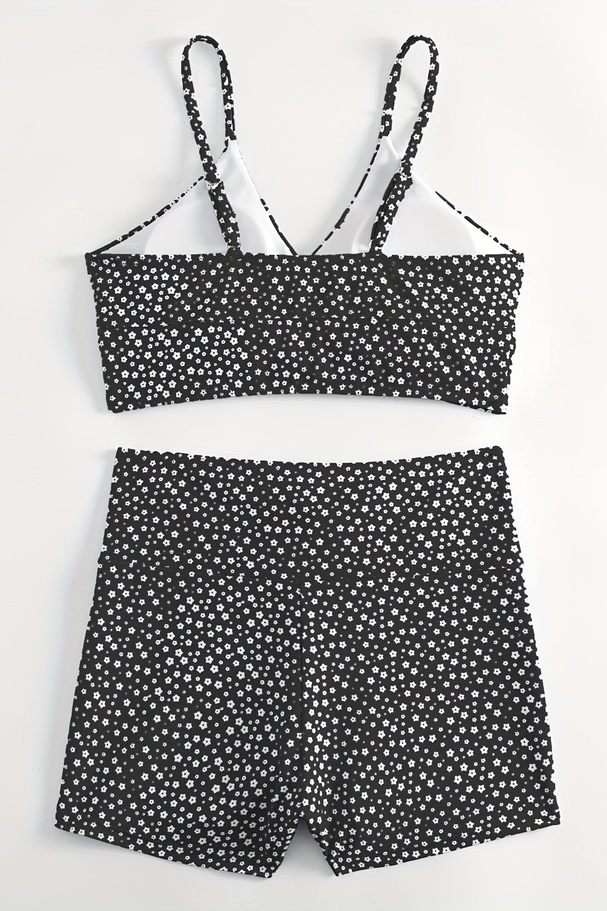 Black Solid Color Bikini Set with Floral Boyshorts – Two-Piece Swimsuit for Women