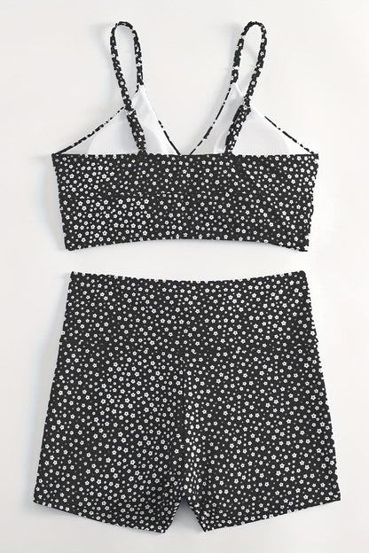 Black Solid Color Bikini Set with Floral Boyshorts – Two-Piece Swimsuit for Women