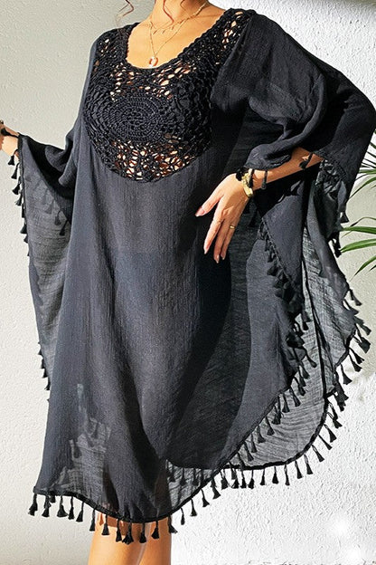 Bestselling New Beach Cover-Up - Crochet Lace Trimmed Fringe Kimono Black