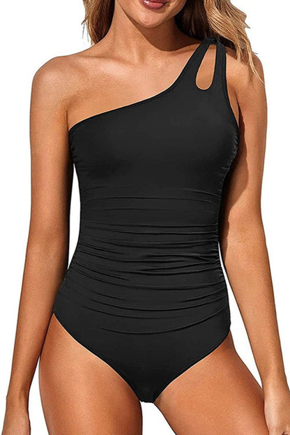 One Shoulder One Piece Swimsuit for Women Tummy Control Bathing Suits Black