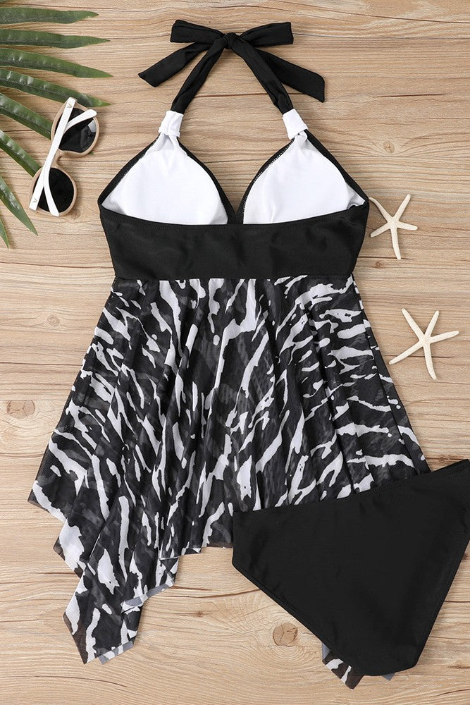 Asymmetric Hem Brushstroke Print Color Block Swimdress