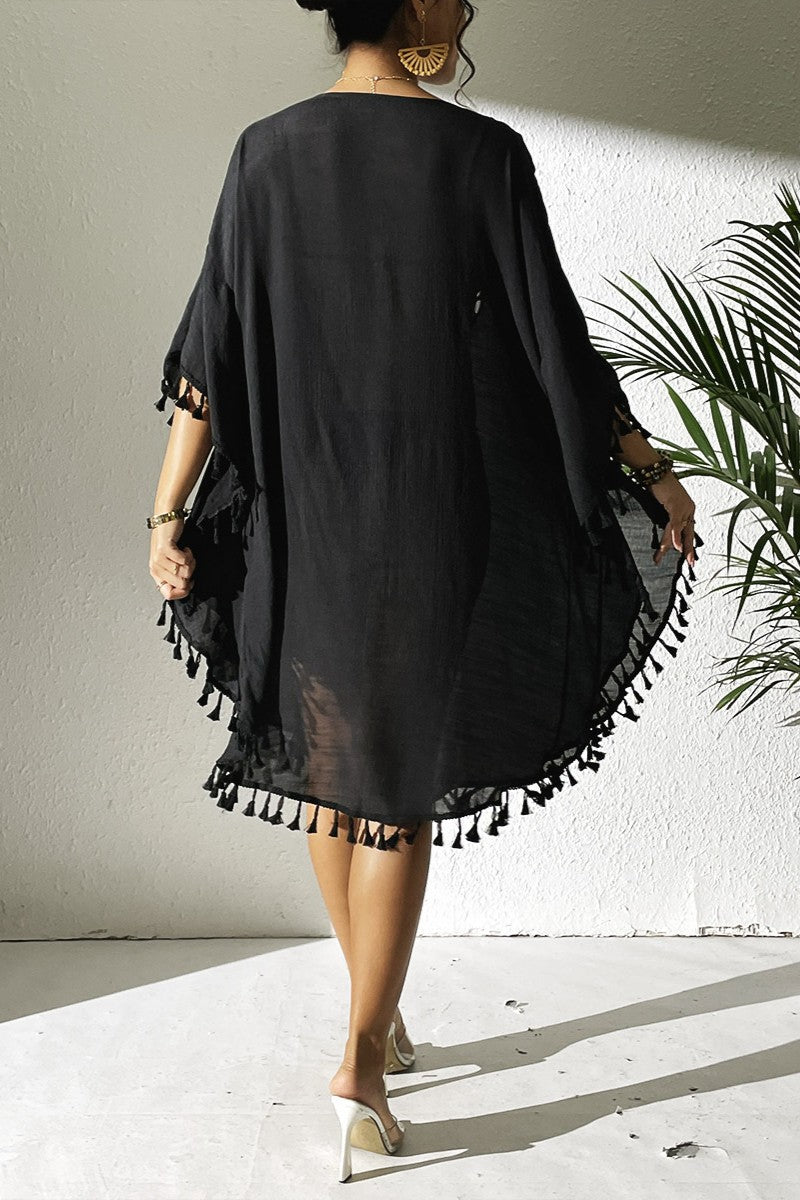 Bestselling New Beach Cover-Up - Crochet Lace Trimmed Fringe Kimono Black