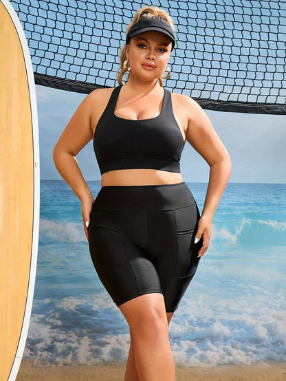 Plus Size Women's High Waisted Swim Shorts with Side Pocket