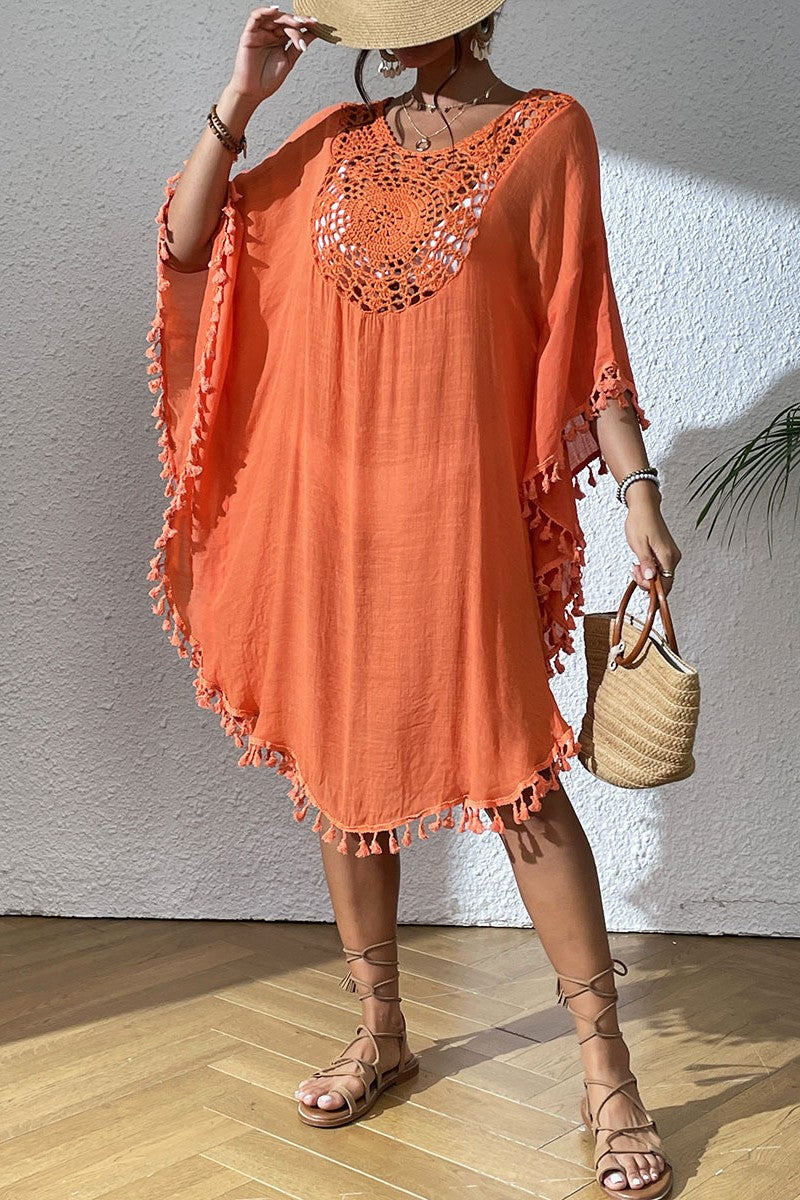 Bestselling New Beach Cover-Up - Crochet Lace Trimmed Fringe Kimono Orange