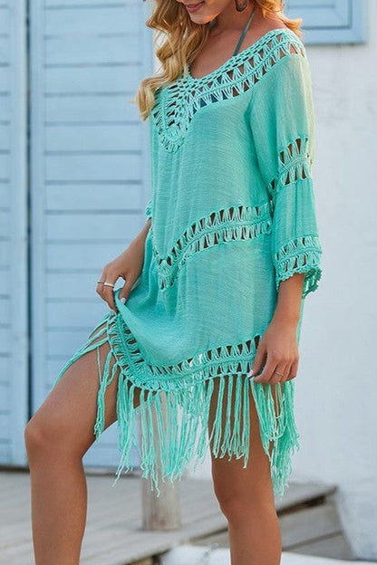 Sexy Crochet Fringe Cover-Up – Loose 3/4 Sleeve Swimwear Beach Shirt