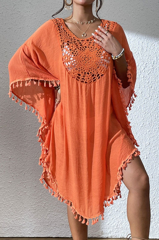 Bestselling New Beach Cover-Up - Crochet Lace Trimmed Fringe Kimono Orange