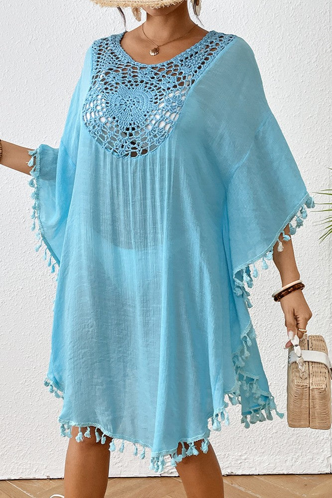 Bestselling New Beach Cover-Up - Crochet Lace Trimmed Fringe Kimono Ice Blue