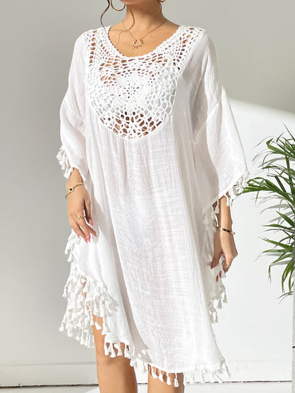 Bestselling New Beach Cover-Up - Crochet Lace Trimmed Fringe Kimono White