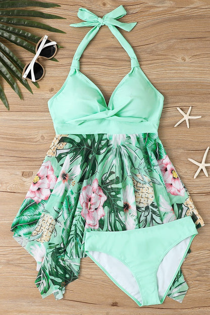 Asymmetric Hem Brushstroke Print Color Block Swimdress