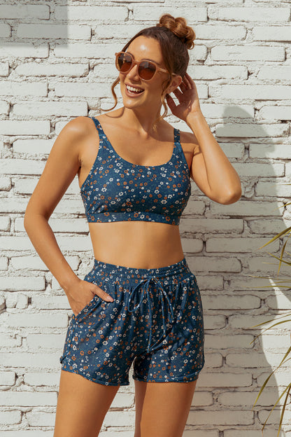 Floral Scoop Neck Stylish Bikini Top with Boy Short Set