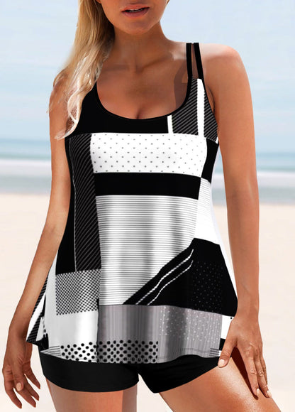 Geometric Print Black Double Straps Tankini Set