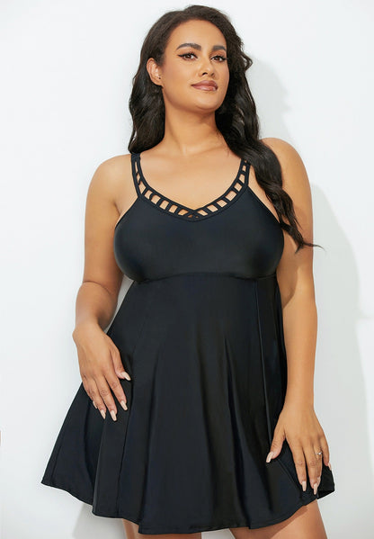 Solid Black Lattice Neck Swimdress