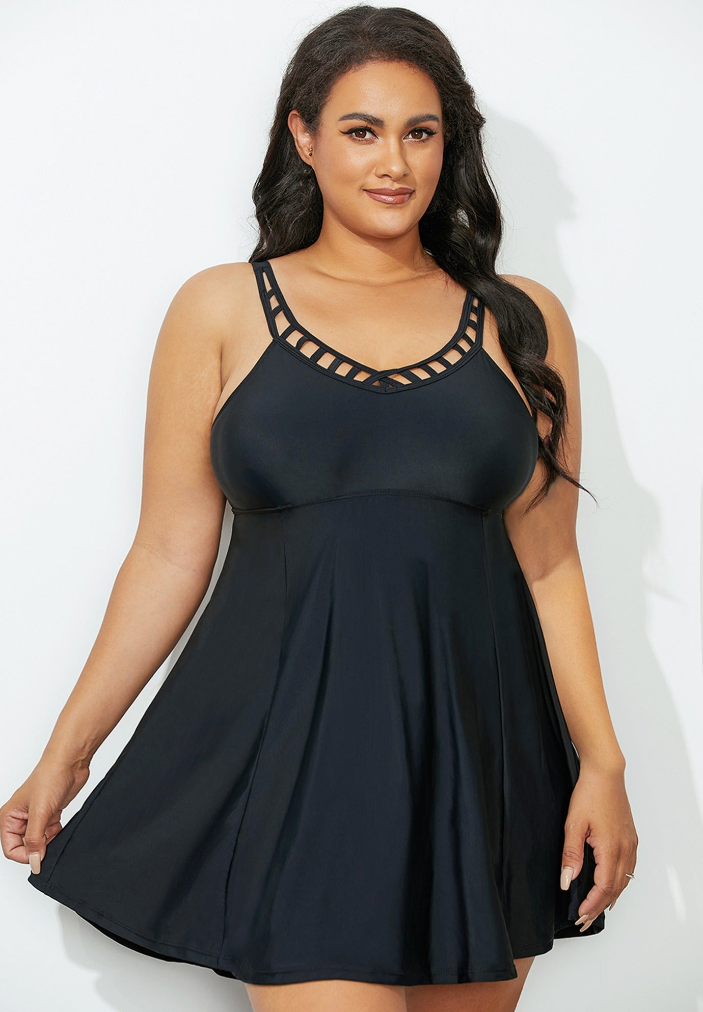 Solid Black Lattice Neck Swimdress