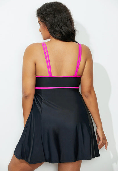 Scoop Neck Peplum Swimdress Black & Purple